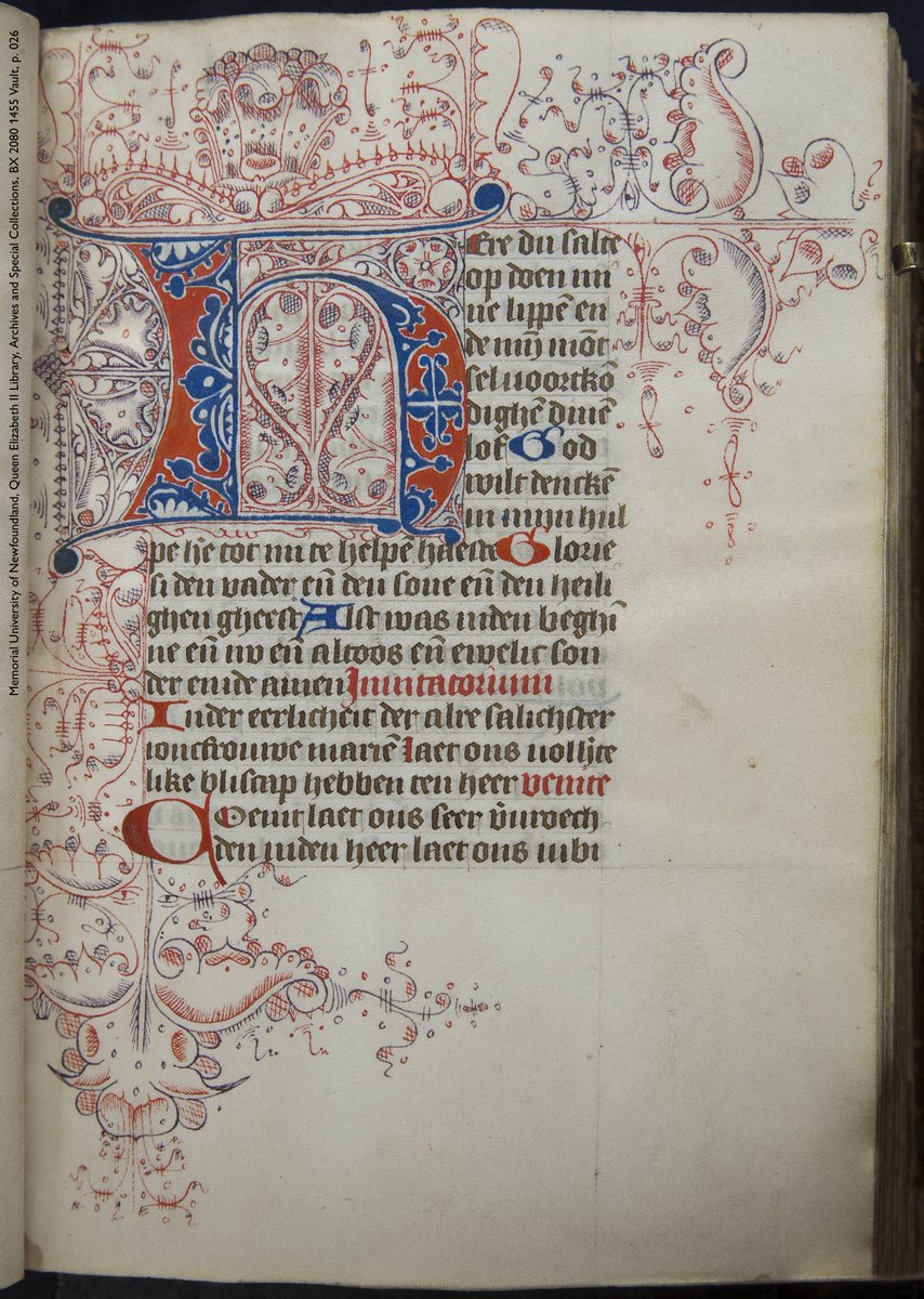 NyarlathoSteph's tweet image. No gold? No prob! No-holds-barred minimalist/maximalist decoration in a Dutch Book of Hours. Produced #Haarlem, c.1455–1465; now safely ensconced @MUNQEII, in #Newfoundland’s @MemorialU. (Bonus: Note the wee guide letter in the blue /R/ 🥰 #squee)
#CdnMdvManuscripts #Manuscripts