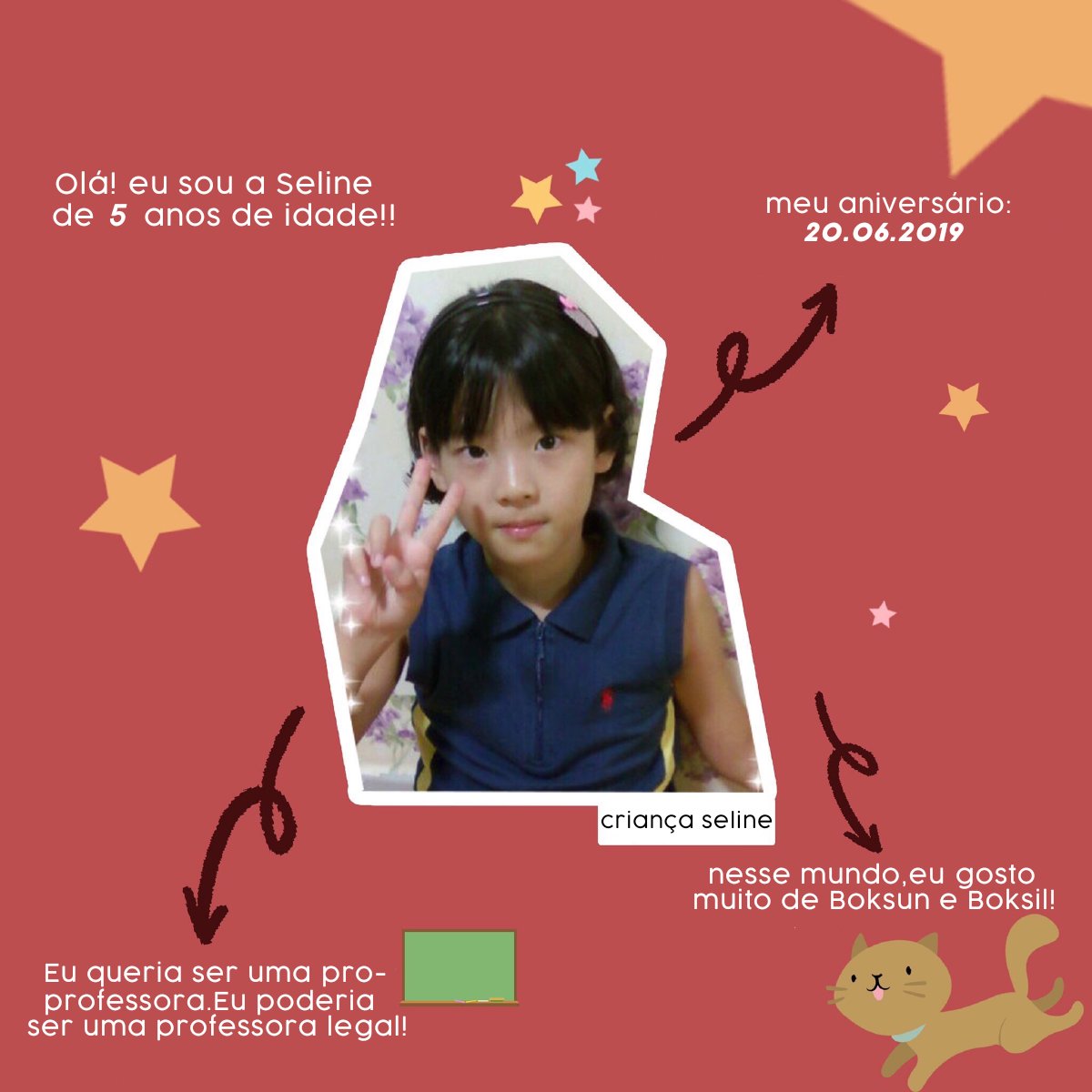 SelineBrasil's tweet photo. [📸] 27.11.2019 | Tradução da apresentação de #Seline quando criança.

 “💞 Minhas amigas do C9GIRLZ 💞
 SELINE de cinco anos de idade tinha o melhor Bok-soon e Boksil do mundo! 🐈”

trad: c9girlzgl https://t.co/72EpyKwCo7