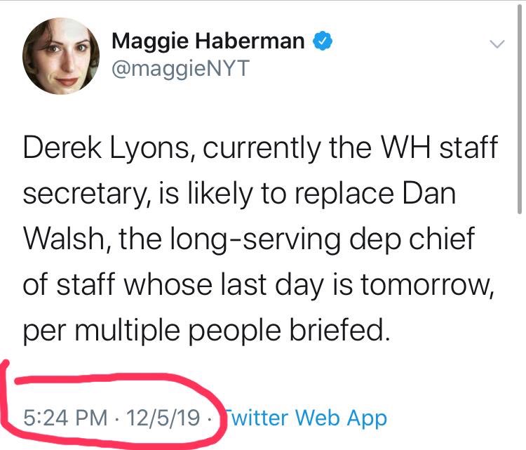 Haberman "sources" said Derek Lyons will become deputy COS. This didn't happen. = Source was clueless. Full stop! But to save face, Haberman then tweeted it may be someone else. No kidding. Anyway when it was someone else, Haberman's tweets "here is someone else" as if she knew.