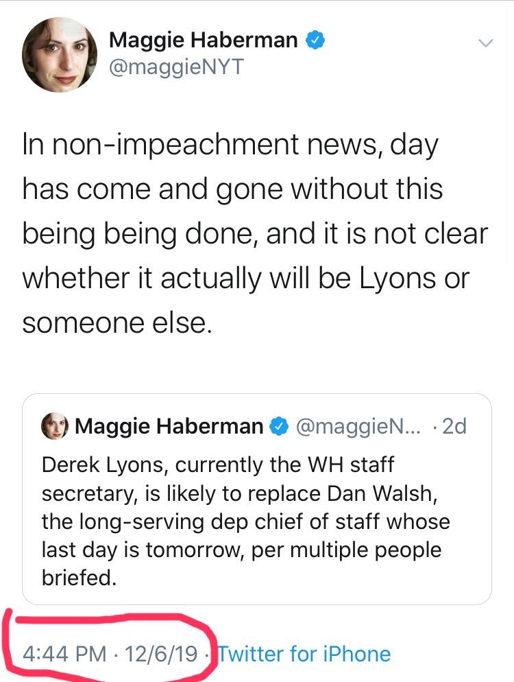 Haberman "sources" said Derek Lyons will become deputy COS. This didn't happen. = Source was clueless. Full stop! But to save face, Haberman then tweeted it may be someone else. No kidding. Anyway when it was someone else, Haberman's tweets "here is someone else" as if she knew.