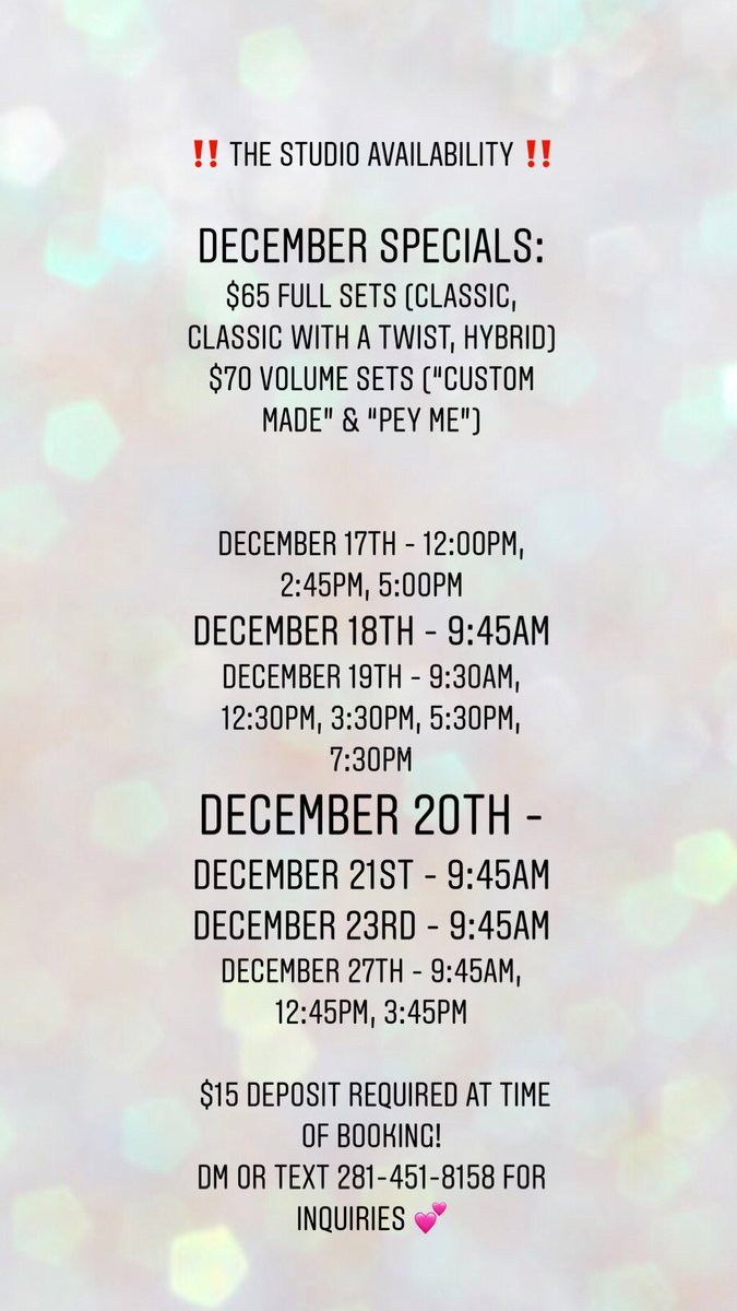 StudioBlinkMink's tweet photo. December openings for The Studio π DM or text 281-451-8158 for booking! #TheStudio #SHSU #SHSULashTech #SHSU20 #StudioBaddie #HotGirl #HoustonLashTech #LashArtist #EyelashExtensions #SHSU21
#HuntsvilleLashTech #SHSU22 https://t.co/CvDjdvPSlo