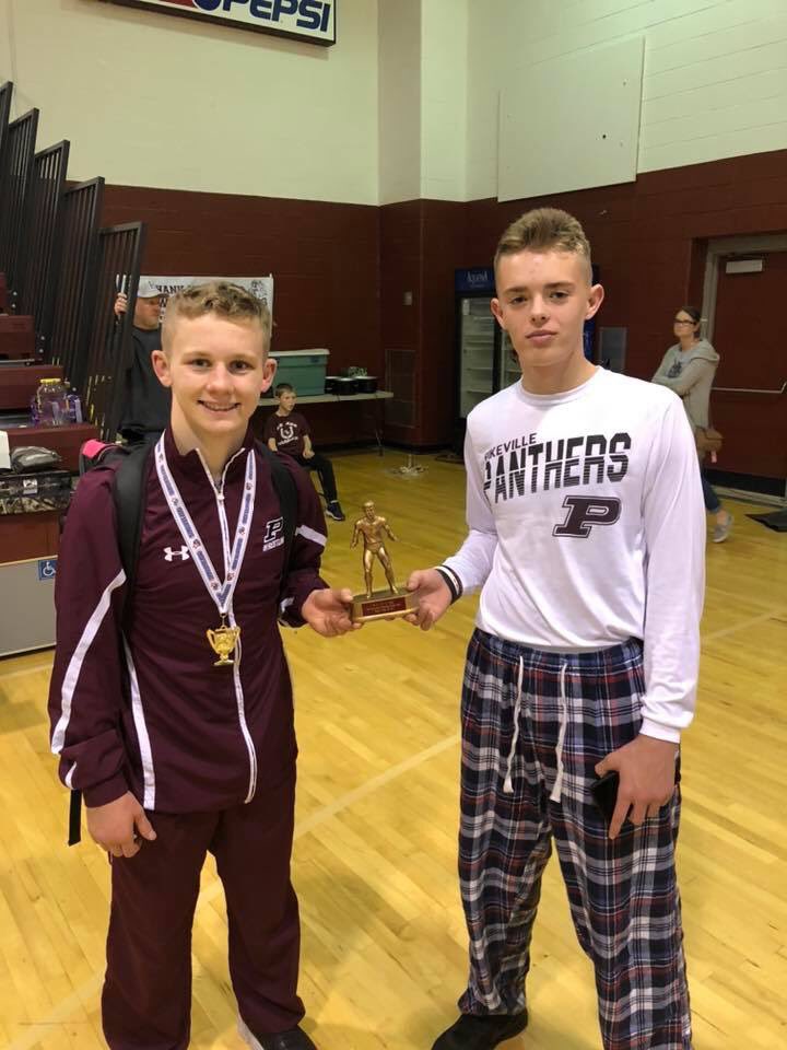 Congrats to Eric Green for winning 1st place at 145 lbs and Logan Dingus winning 1st place at 138 lbs at Harrison Co. Invitational today.  Logan Dingus was voted Most Valuable Wrestler of the tournament  for weights 106-145 lbs. 
#CongratsPanthers