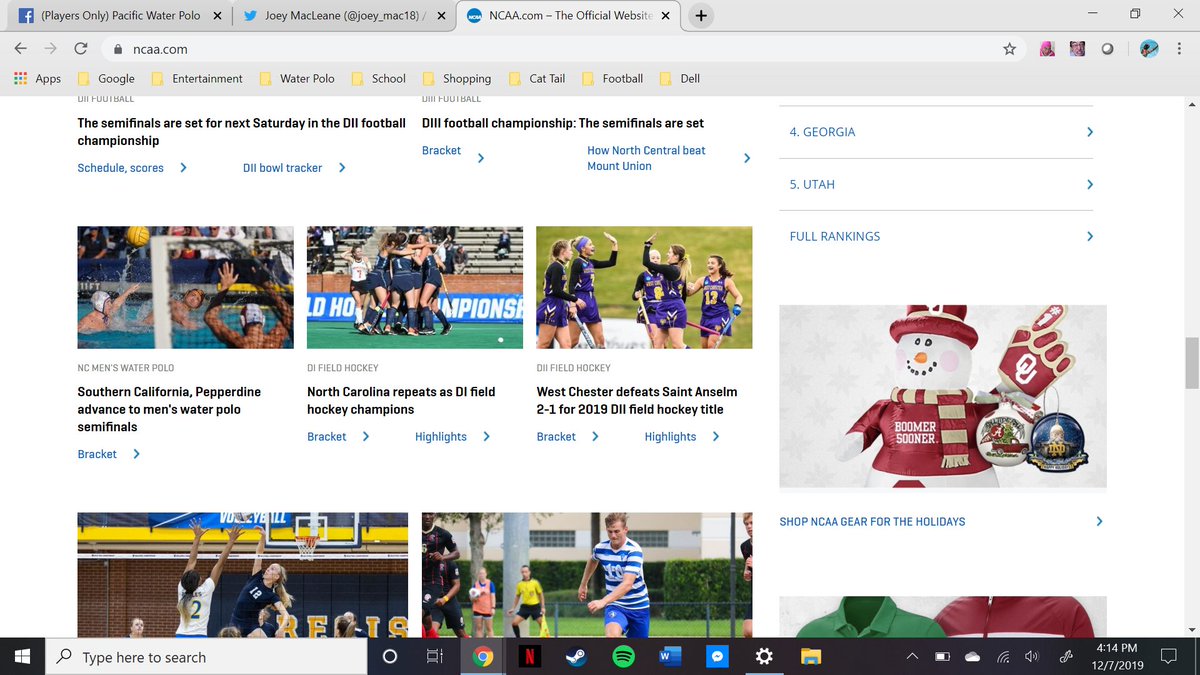 joey_mac18's tweet photo. @CarpeTeachem the @NCAA website makes you scroll down to see a very small image about the Water Polo National Championships this weekend. I understand football draws all the money but it would still be nice to make is easier for people to find the live stream. #comm31 https://t.co/kaqpcTpXI7