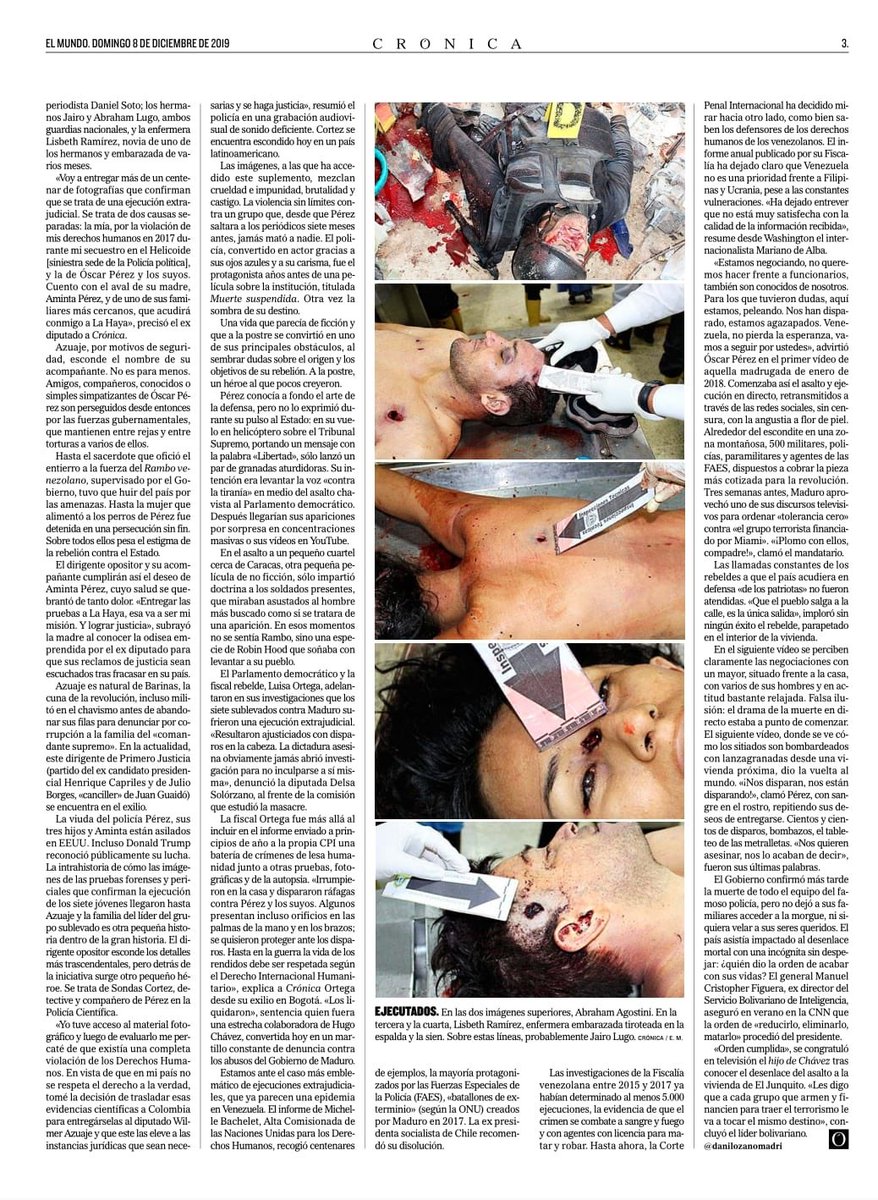 milmanrique's tweet photo. Imágenes fuertes. El periódico español El Mundo ya reveló las imágenes que serán mostradas en La Haya, sobre los tiros de gracia que recibió #ÓscarPérez y su grupo, en la #masacredeElJunquito en 2018 https://t.co/I5BQnghK2p
