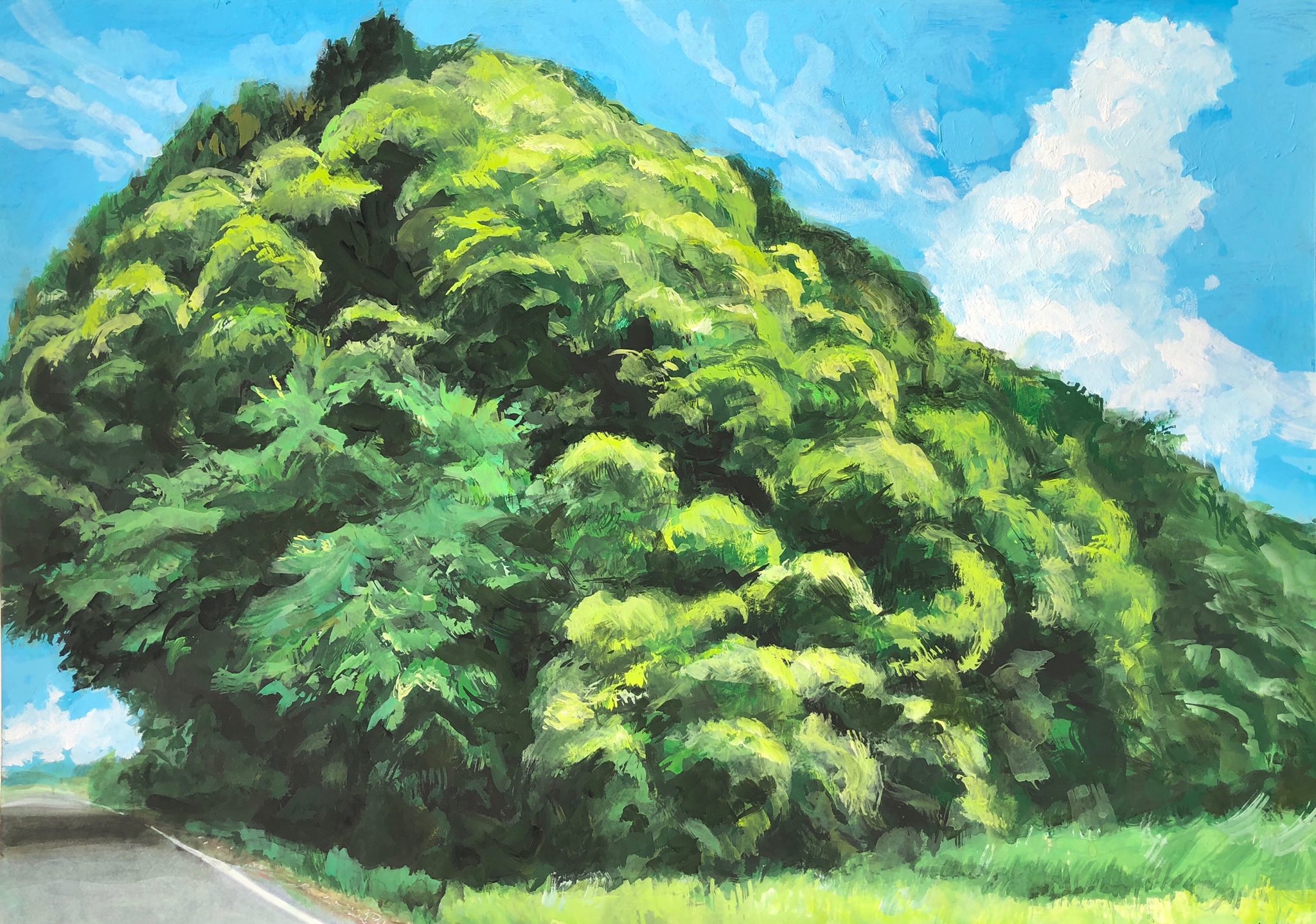 森の絵 風景画 引きとアップと もこもこ夏の緑 絵 森宏 植物 真夏 もこもこ 緑 植物 Green 関東 Painting Trees Summer 夏 木陰 Illustration 写実 Japan 樹木 Tree Giant 木のトンネル Treetunnel Shadeoftrees 風景 風景画