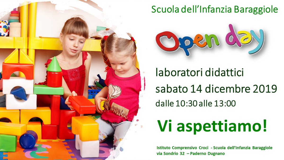 icscrocipaderno's tweet photo. Open Days e laboratori didattici @icscrocipaderno @pad_dugnano

- Scuola dell'infanzia Vivaldi
mercoledì 11 dicembre
- Scuola dell'infanzia Baraggiole
sabato 14 dicembre
- Scuola Primaria don Milani
mercoledì 11 dicembre
- Scuola secondaria di I grado Croci
sabato 14 dicembre https://t.co/HBOvOAu6Cl