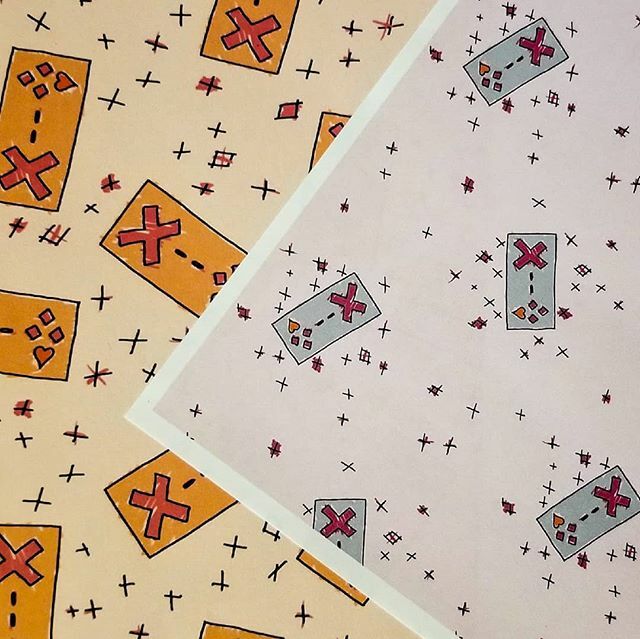 rikaconfesses's tweet photo. Print outs of my two versions of #ThePatternChallenge project. I did go back and do a more sparse version, and I did a color palette more inspired by the stack of old consoles on in our nerd lair. .
.
.
.
.
#designchallenge #designexperiment #retrogaming… https://t.co/ZePqqKLna4 https://t.co/adgAwa87jp