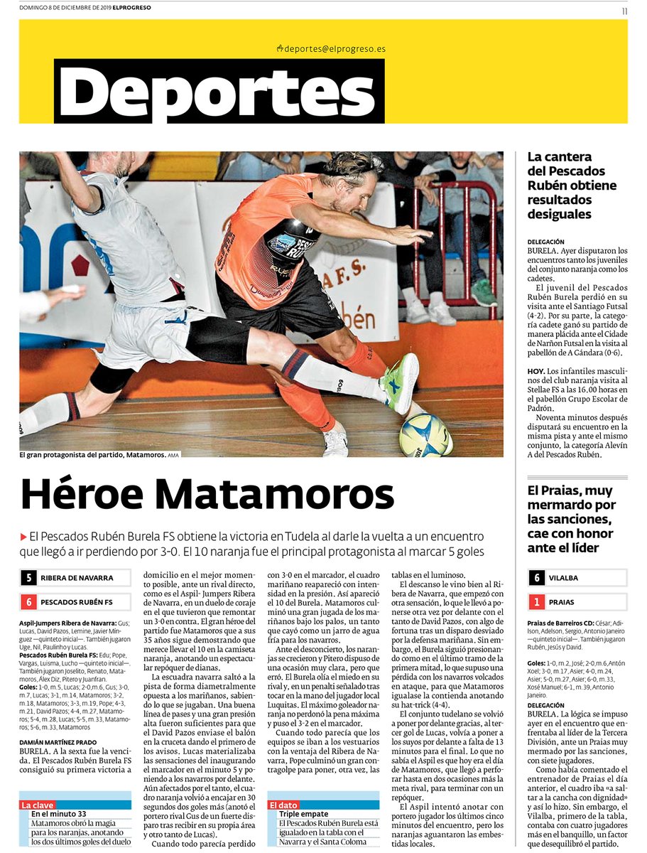 🗞️ Primera victoria a domicilio de los de <a href="/juanmamarrube/">Juanma Marrube</a> frente al <a href="/RiberaNavarraFS/">ATP Iluminación Ribera Navarra FS</a> [5-6] con cinco goles de Matamoros y uno de <a href="/popee07/">Sergi Orgillés</a>.

#Burela #Futsal #OrgulloLaranxa #FutsalHeart🧡