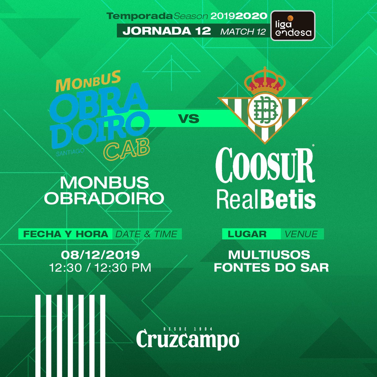 Fondo_Sioux's tweet photo. Hoy día de Betis, y empezamos con nuestro #CoosurBetis a partir de las 12:30 en el multiusos Fontes do Sar, nuestro @RealBetisBasket se enfrenta a @OBRADOIROCAB en un partido para que los verdiblancos confirmen las buenas sensaciones del último choque #BetisBaloncesto ⛹️‍♂️🏀💪🏻 https://t.co/DKvWhX5NEd
