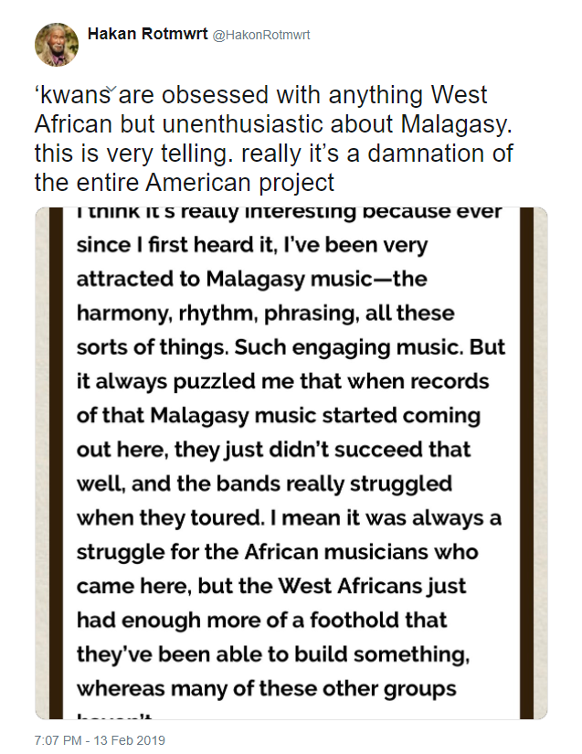 The difficulties of Malagasy musicians in the west due to Bantuphilia of western audiences bodes ill for our future