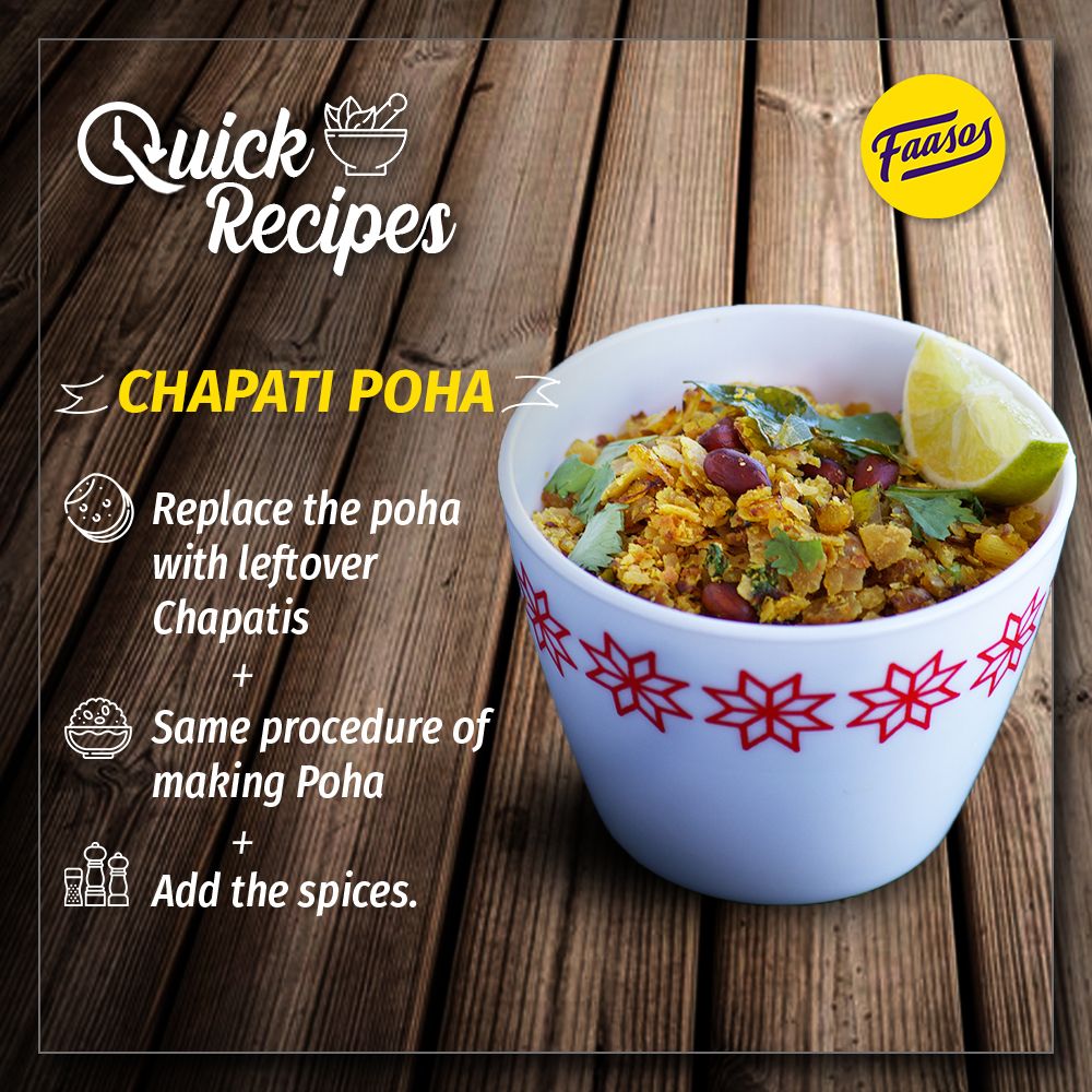 faasos's tweet image. However, make sure that the chapatis are soft and not hard. So, don&apos;t forget to reheat them before using for this poha delight. 😎 
Do try it out and tag us!⠀
.
.
.
.
#cookingtips #chefhacks #quickrecipes #recipes #cooking #chefinmaking  #foodies #sundaycooking #poha #breakfast