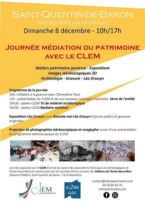 theviotmartial's tweet photo. 8/12 (10h-18h ; Saint Quentin-de-Baron) : Journée #médiation du #patrimoine avec le #Clem. Présentation du CLEM, de Léo #Drouyn, de la #photographie stéréoscopique et ateliers. Avec Les Éditions de L'Entre-Deux-Mers à l'occasion de leurs Portes ouvertes. 0556844575 https://t.co/MobzNGJVpg