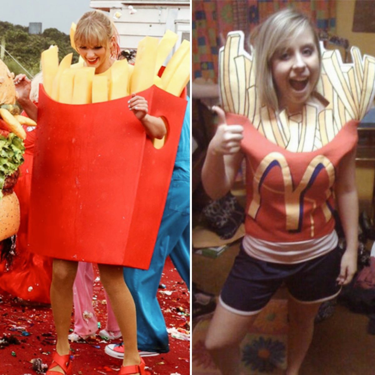 alltooriah's tweet photo. Hey @taylorswift13 this is me wearing a French fry costume in 2010. We are ๐ twins @taylornation13 #ChristmasTreeFarmWatchParty #ChristmasTreeFarm https://t.co/Q5GVkeohhC
