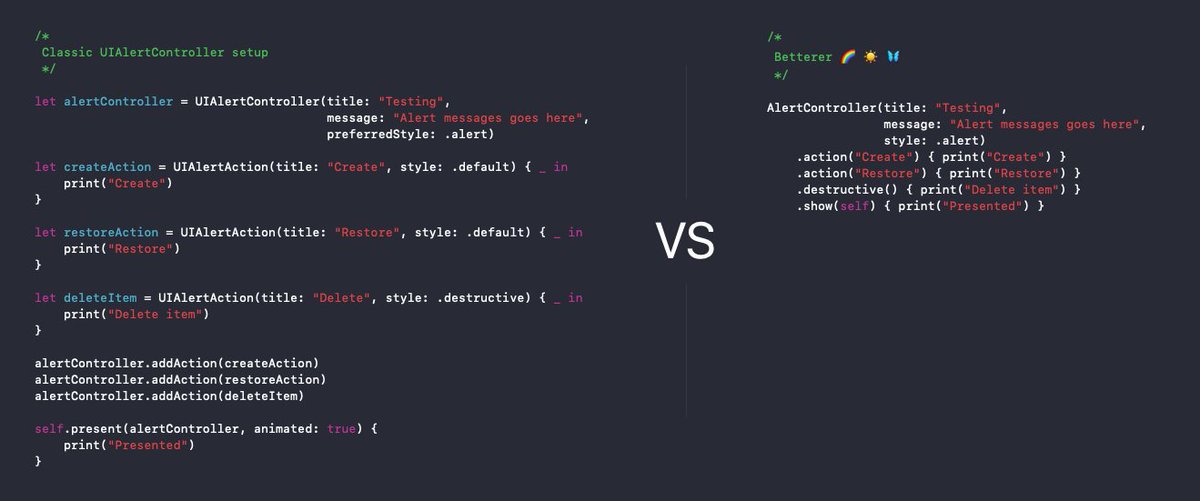 matthewmourlam's tweet photo. Succinct UIAlertController in Swift

https://t.co/tXd1vTuOnt https://t.co/GWjY5ZxY92