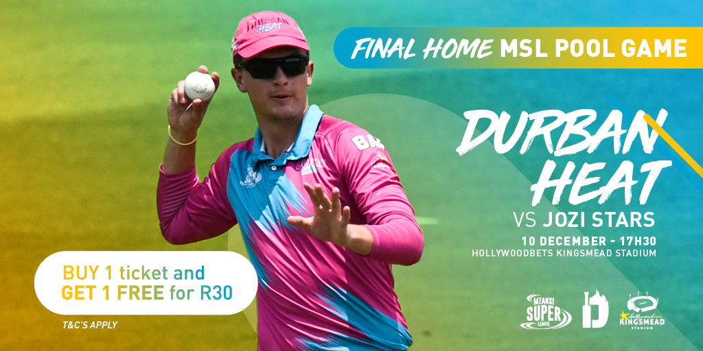 Join us this Tuesday at <a href="/Hollywoodbets/">Hollywoodbets</a> Kingsmead Stadium as Durban Heat go up against <a href="/msljozistars/">Jozi Stars</a>. 🏏

Buy one ticket and get one free for R30! 

Tickets available at <a href="/Hollywoodbets/">Hollywoodbets</a> Kingsmead Stadium ticketing office. 🎟

Ts &amp; Cs apply.

#MSLT20 
#HeatUp 🔥