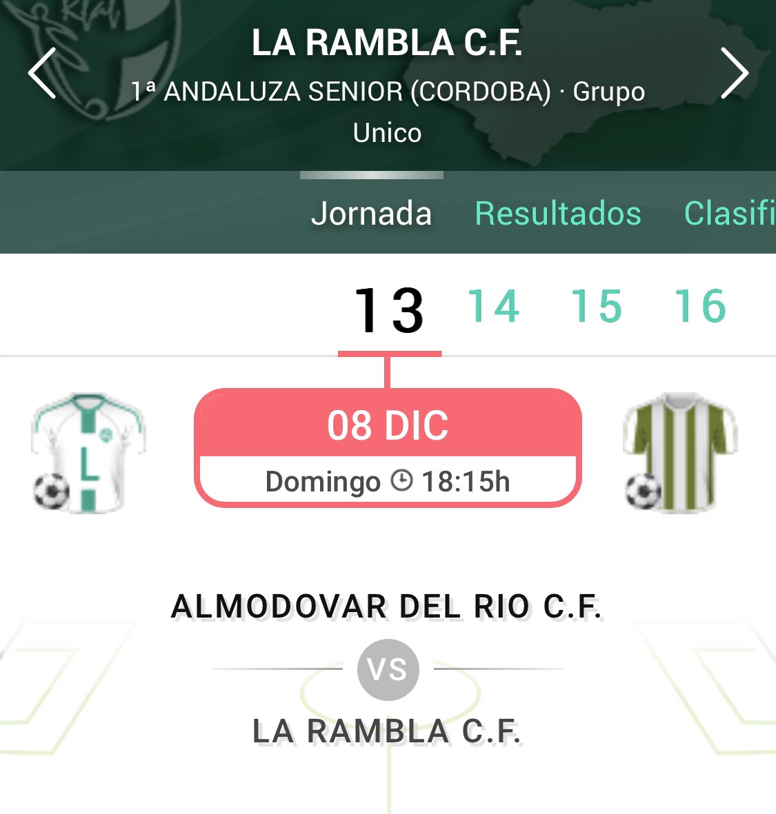 🙋🏼 Buenos días, rambleños.

🚨🚨 DÍA DE PARTIDO 🚨🚨

📆 Hoy, jornada 13 de la #PrimeraAndaluzaCórdoba.

🆚 #AlmodóvardelRíoCF 
⏰ 18.15h 
📍 Campo Municipal Peña del Águila  

#MiEquipoEsLaRamblaCF💚⚪️