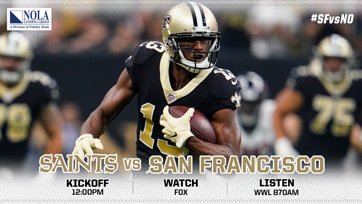 Saints's tweet photo. LET'S GET IT! ⚜️ #SaintsGameday

#SFvsNO | @NOLALendingGrp https://t.co/sOt9uJXLfj