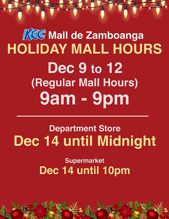 KCCMalldeZambo's tweet photo. Back to Regular Mall Hours na po tayo from December 9 to 12, 9am to 9pm. Sama-sama tayo sa 'pag shop. #ZamboFirst #KCCZamboanga #EverythingsHereAtKCC #KCCWeShopAsOne https://t.co/gRsZByt501