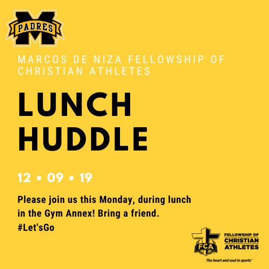 Join us this Monday during lunch in the Gym Annex. Please bring a friend!