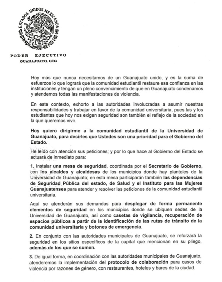 diegosinhue's tweet photo. Reiterando nuestro compromiso ante la comunidad estudiantil, les comparto el siguiente documento atendiendo a las peticiones realizadas a @gobiernogto , con la convicción de continuar apoyando, colaborando y trabajando juntos por la seguridad de las y los estudiantes de #GTO. https://t.co/cUwYsawk24