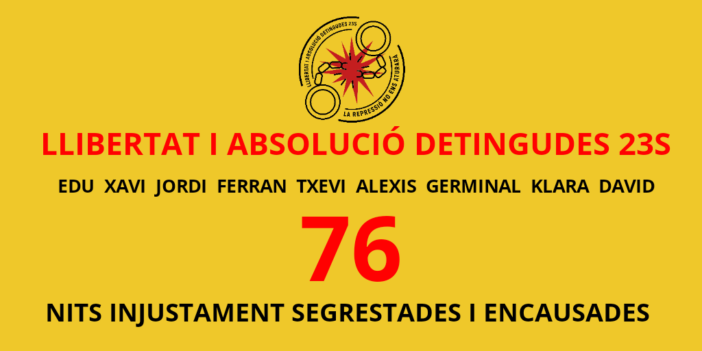 ConnorJHO's tweet photo. 🔴 76 nits injustament segrestades i encausades, 76 nits allunyats de família, amics i companyes, 76 nits...
#LlibertatDetingudes23S
#AbsolucióDetingudes23S
#LlibertatPresesPolitiques
#AbsolucióPresesPolítiques https://t.co/Qz74Ix46hP
