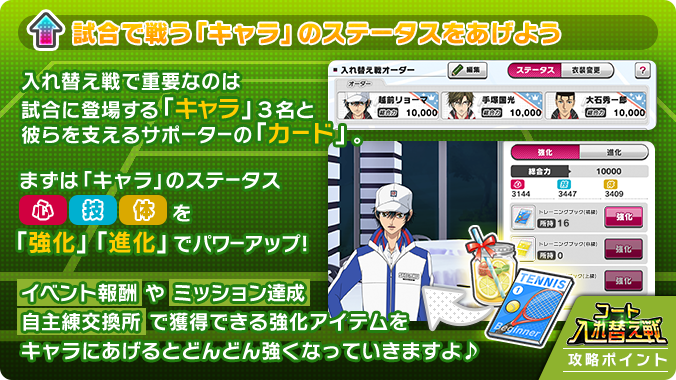 新テニスの王子様 Risingbeat コート入れ替え戦予告 コート入れ替え戦は定期的に開催されます 毎回チャレンジして上位コートを目指し ログインボーナスを豪華にしよう まずは 12 10 15 00から始まる入れ替え戦に備え キャラやシーンカードを
