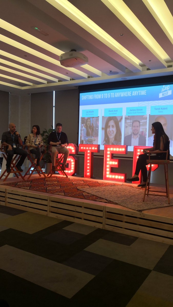 stepnextmena's tweet photo. The experts discussing Shifting from 9-5 to Anywhere Anytime @sefactory @Localizedworld @SwissGulf @Seez_App #STEPNEXT2019 #Workmood https://t.co/xrw82yTa1o