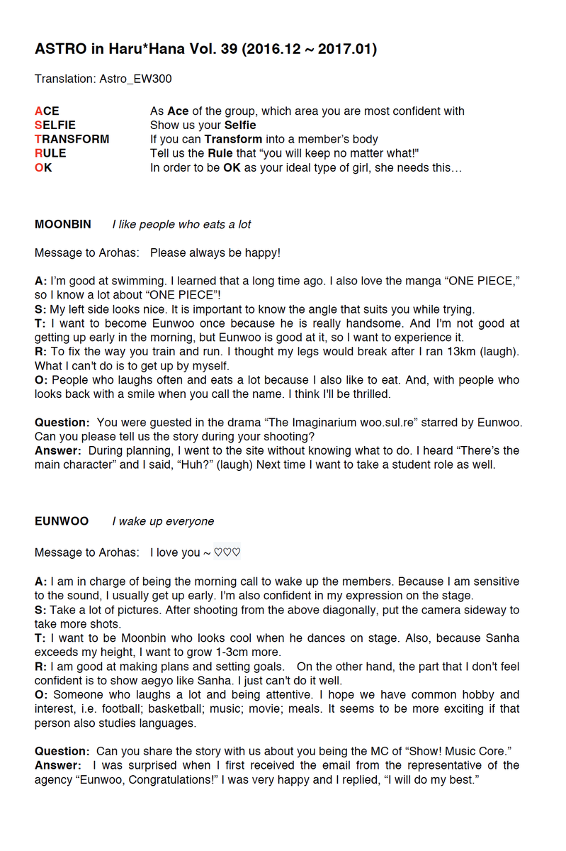 Astro_EW330's tweet photo. #ASTRO ~ Haru*Hana Vol. 39 [Translation]
2016.12 &amp; 2017.01 (Part 3 ~ Pair Q&amp;A)
#Moonbin &amp; #Eunwoo
Answers on A,S,T,R,O
Share their experience on drama shooting &amp; being MC
#GetWellSoonMoonbin
#진진 #엠제이 #차은우 #문빈 #라키 #윤산하
#아스트로 #アストロ @offclASTRO @jp_offclastro https://t.co/buIia2QbMz
