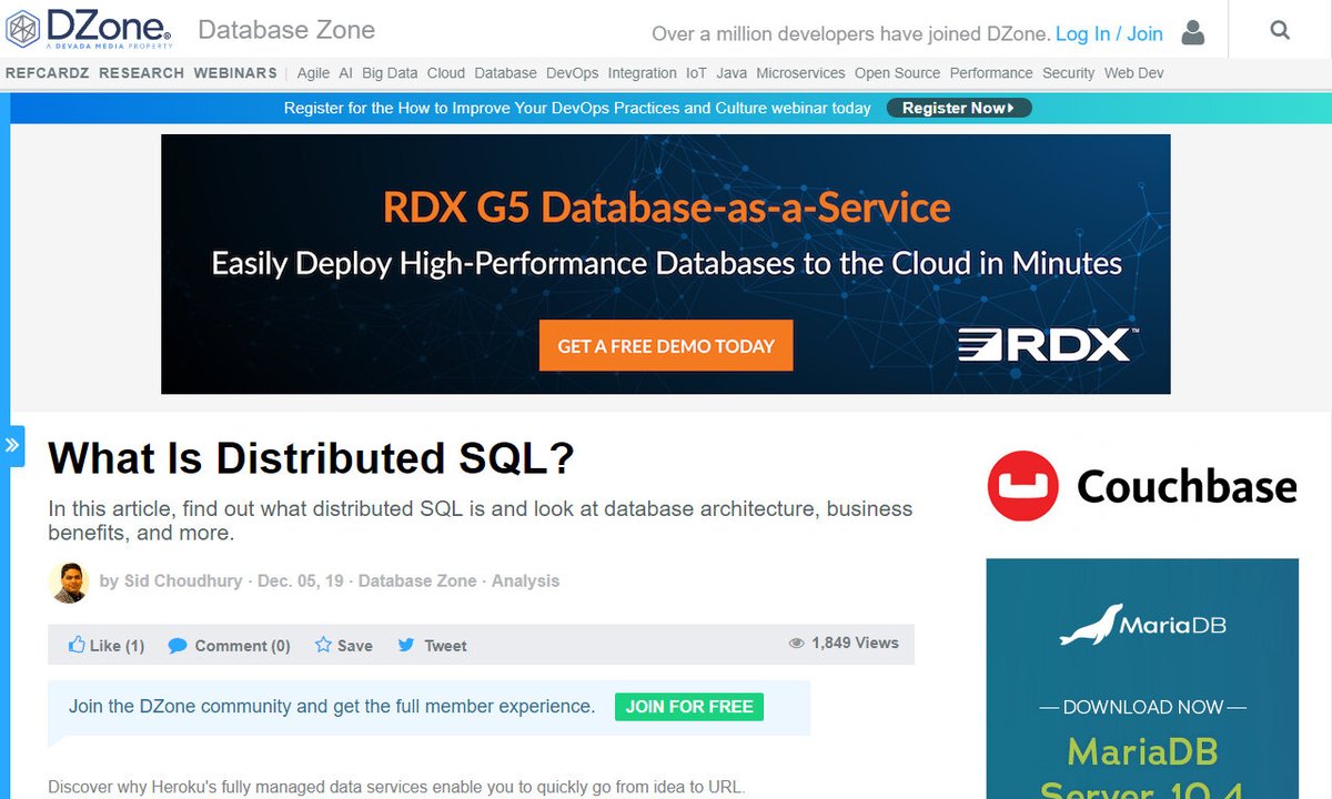 Devcide1's tweet image. What Is Distributed SQL?
#database #distributedsqldatabase #sqldatabases #cluster #nodes #development
via @DZone
☛ amp.gs/inJG