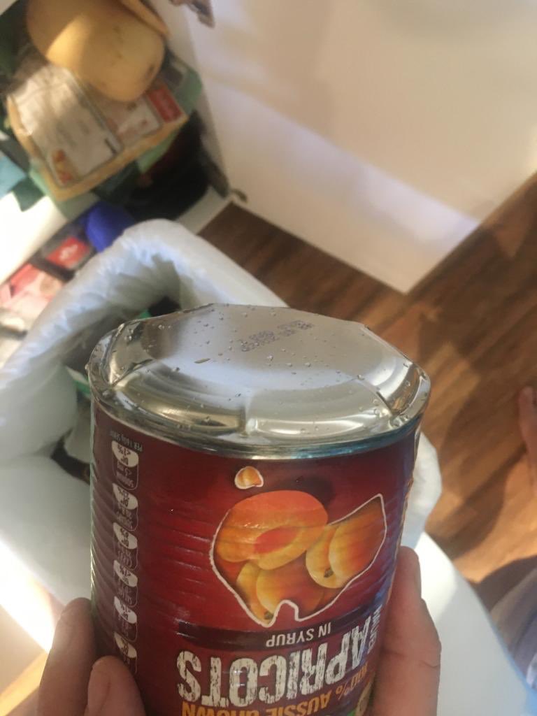 Was a bit of a bang in the pantry. The SPC apricots decided to unload themselves in a hurry. No best before date on the tin but I guess they were had it....