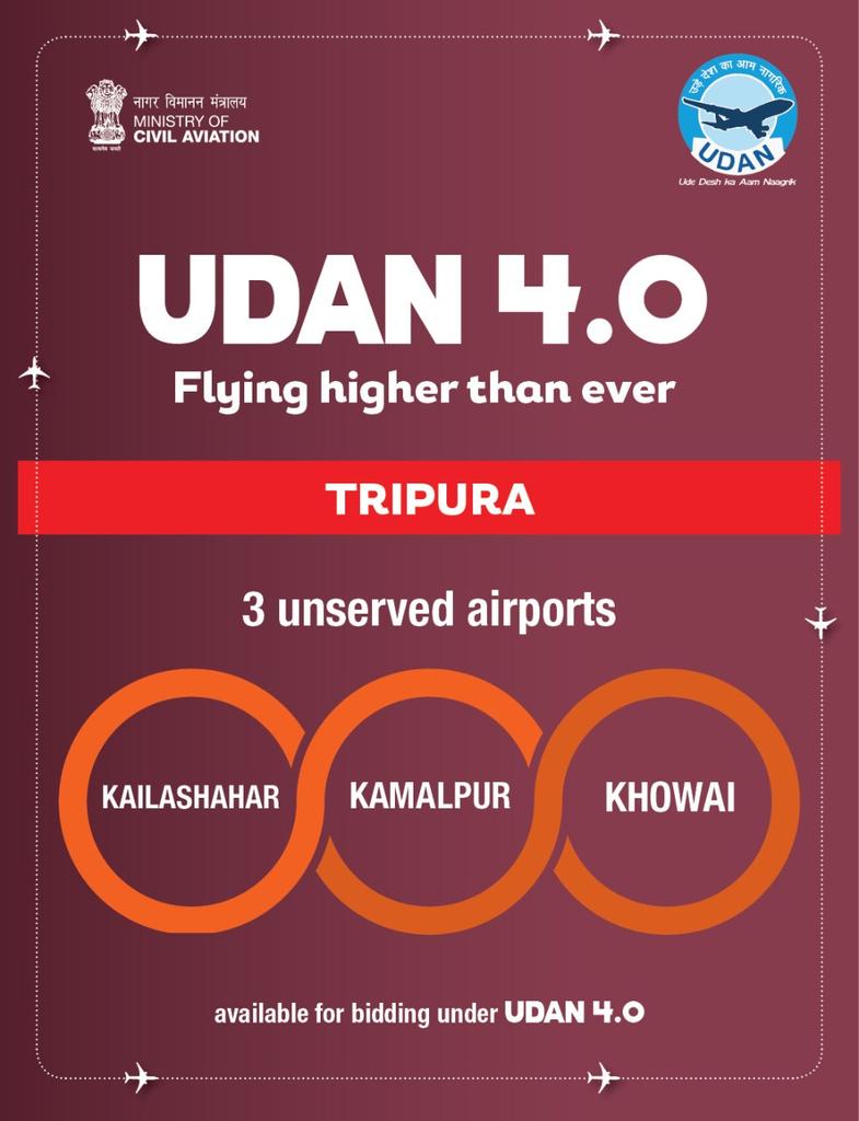 MoCA_GoI's tweet photo. #UDAN flying higher than ever!

3 unserved airports - Kailashahar, Kamalpur and Khowai - are available for bidding under UDAN 4.0 in Tripura.

Incredible potential for airlines to unearth.  
 
#SabUdenSabJuden https://t.co/dds1ASMgm4