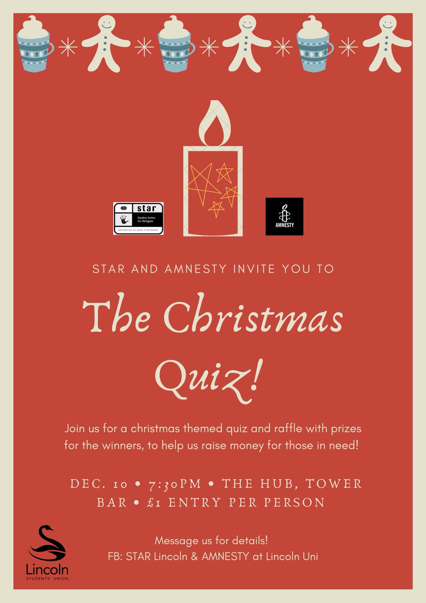we're having a Christmas Quiz joint with <a href="/lincolnamnesty/">Amnesty at Lincoln Uni</a>! there will be prizes available for the winners and a raffle too! feel free to come along and bring your friends 🎄☃️
