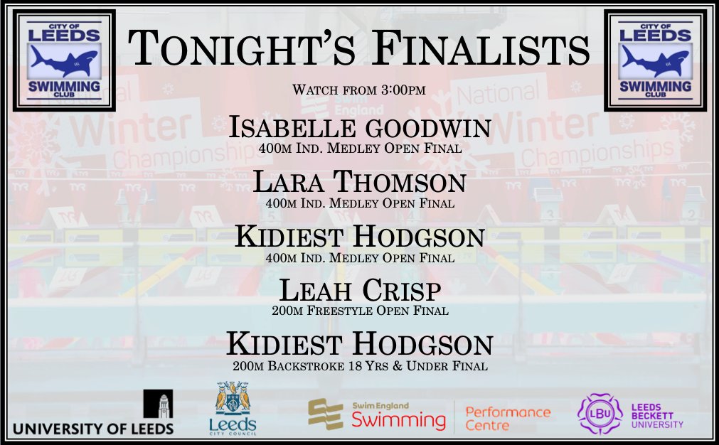 Good Luck to Our Day 4 Finalists‼️💪💪

#SESwimming🏴󠁧󠁢󠁥󠁮󠁧󠁿❄️
#LeedsCityCouncilSTS 
#SEPerformanceCentre 🏴󠁧󠁢󠁥󠁮󠁧󠁿
#AboveAllATeam
