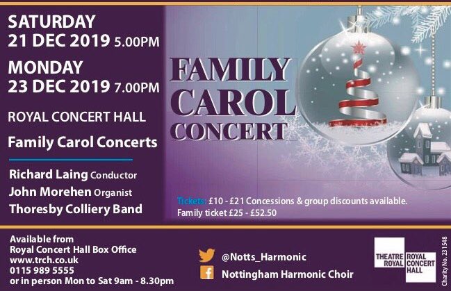 After our fabulous Messiah concert we now focus on our Annual Family Carol Concerts <a href="/RoyalNottingham/">TRCH</a> with <a href="/ThoresbyBand/">Thoresby Colliery Band</a> on Saturday 21st at 5pm &amp; Monday 23rd at 7pm. Guaranteed to get you in the Christmas spirit.Tickets here: trch.co.uk/whats-on/famil…