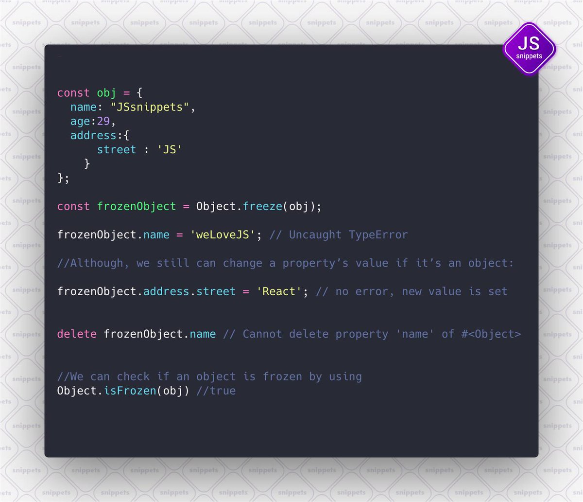SnippetsJs's tweet image. How can we freeze an object 🥶🥶🥶
#JSsnippets
Follow us -
Github - github.com/JSsnippets/Jav…
Linkedin - linkedin.com/company/293420…