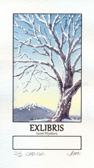 「蔵書票(EXLIBRIS)Ⅰ-櫻(四季)」 #ホルベイン50×100mm #アルシュ 細目ご注文をいただいて「冬」を描きました。#watercolor #透明水彩 #水彩 #水彩画 #水彩絵を流して水彩民を増やそう 