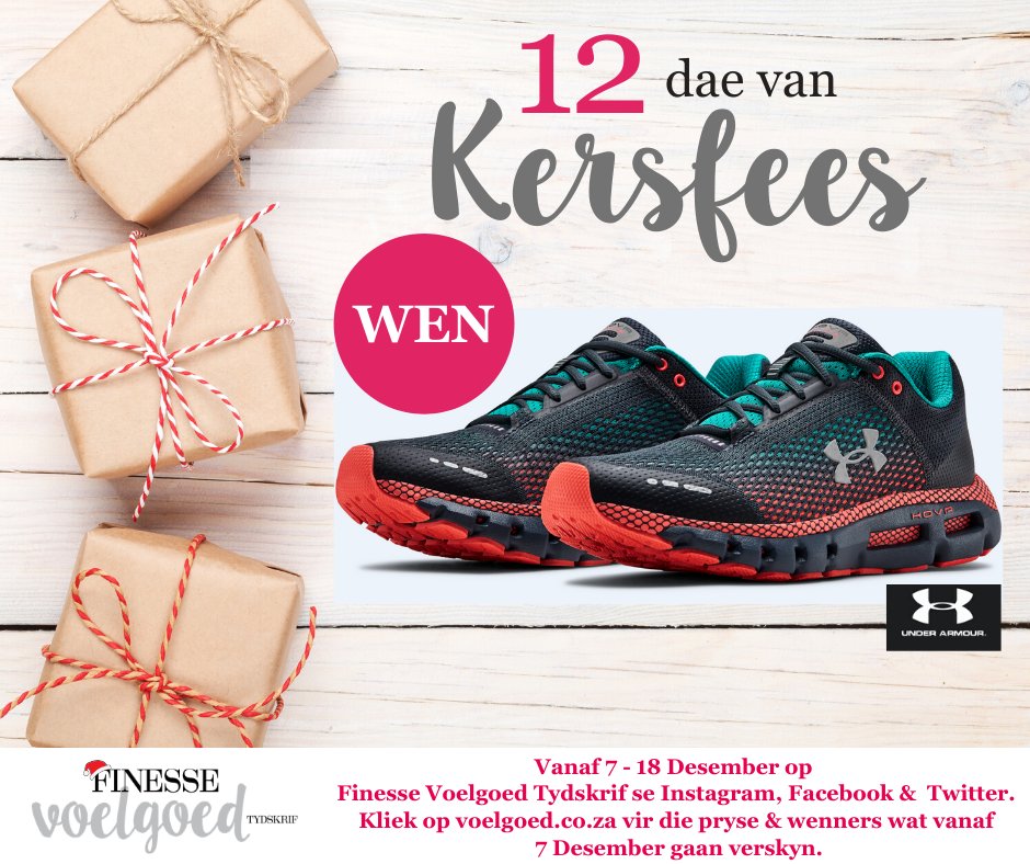 finessetydskrif's tweet photo. WEN! Skoene van Under Armour t.w.v. R2799, om die vakansie gewig af te skud. https://t.co/lb1I6CvXye
1. "Like/❤️"
2. "Retweet" met #12DaeVanKersfees #FinesseVoelgoedTydskrif
3. "Comment/mention" jou vriende
(Ook op Instagram &amp; Facebook)

Pryse &amp; wenners: https://t.co/eny16vh8qA https://t.co/jvHgJB3ZIg