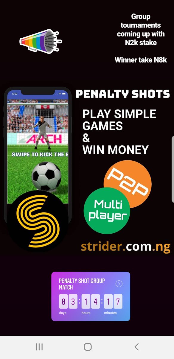 NgStrider's tweet photo. This Thursday on StriderNG 

N2k stake
Game : Penalty Shots
Winner  Takes N8k

https://t.co/K5gggYSb5K 

#StriderNG  #Ronaldo #Cuppy #RuizJoshua2 #CardiB https://t.co/v5foakMpgo
