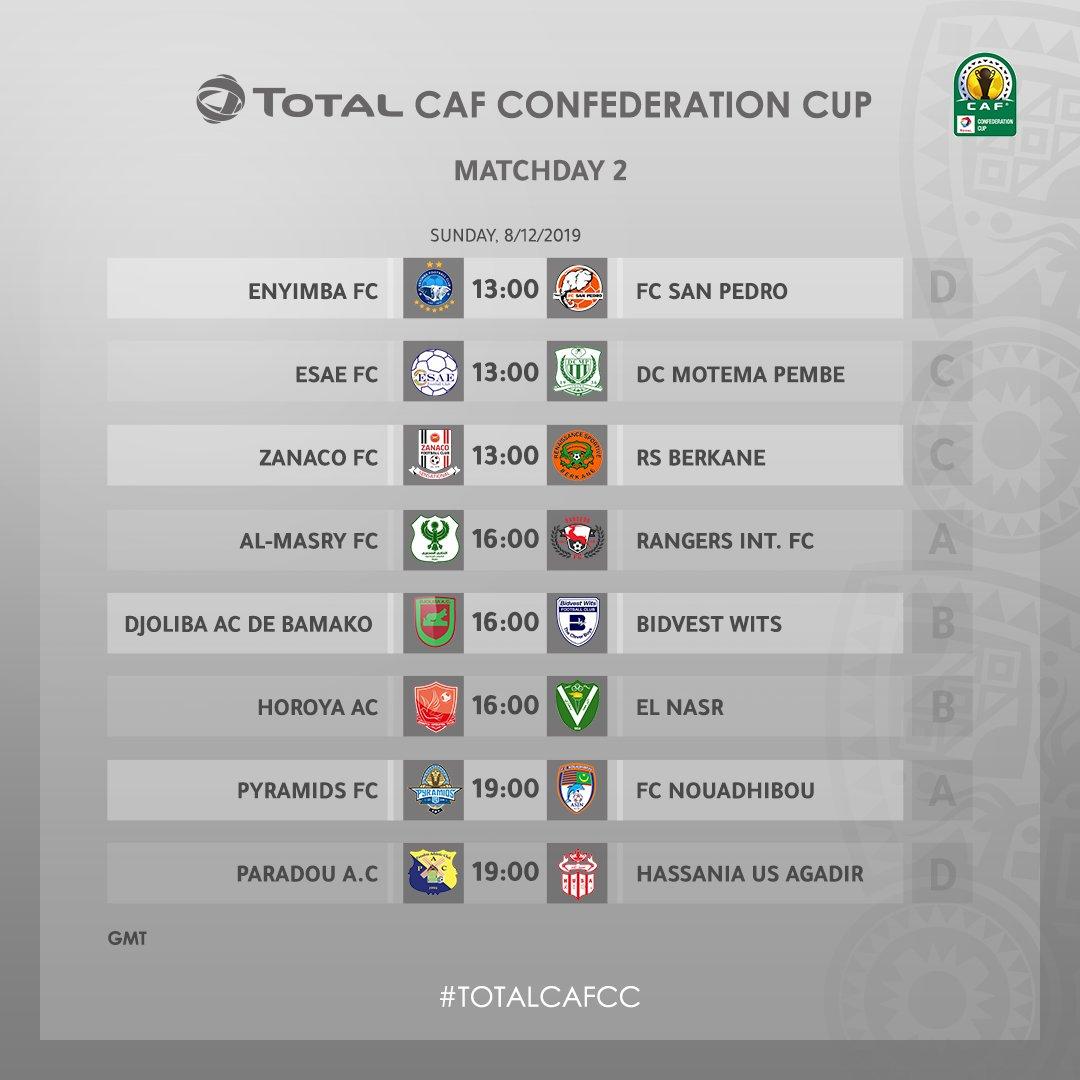 AfricaUnitedFUT's tweet photo. Today is the second round of #CAFCC | #TotalCAFCC 2019/2020 season group stage matches.
@EnyimbaFC VS #FCSanPedro
#EsaeFC VS @Dcmpimana
@Zanacofc VS @RSBfootball
@AlMasrySC VS @RangersIntFC
#DjolibaAC VS @BidvestWits
@HACofficiel VS #ElNasr
.... https://t.co/Gnn4HcPAbE