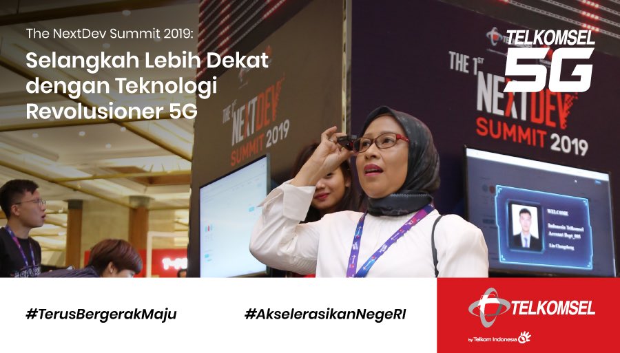 Telkomsel's tweet photo. Melalui gelaran #TheNextDevSummit2019 Telkomsel turut hadirkan pengalaman "5G Makes Life Better" kepada peserta yang hadir di area Jakarta Convention Center. Lihat keseruannya di https://t.co/xZIS0Wsqf5

#TerusBergerakMaju #AkselerasikanNegeRI #Telkomsel5G https://t.co/gOFUQnkO2z