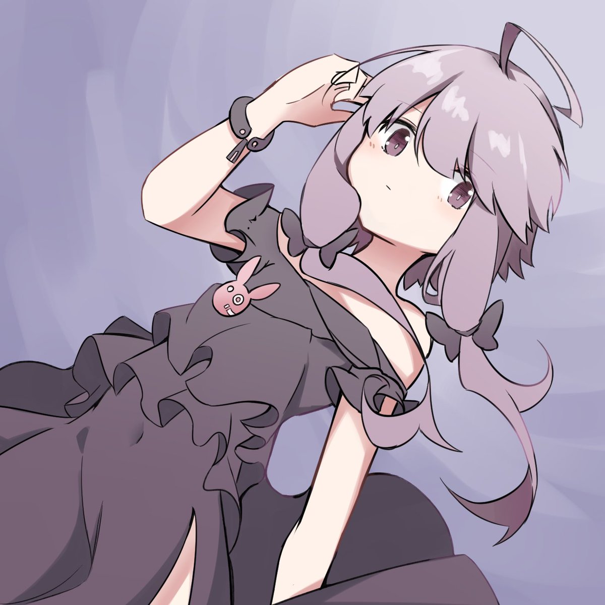 yuzuki yukari 1girl solo dress black dress ahoge purple hair purple eyes  illustration images