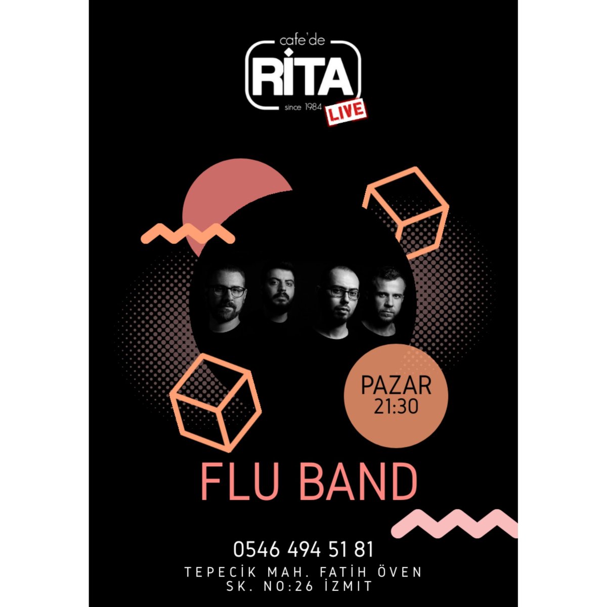 1 hafta ara sonrasında bu akşam <a href="/CafeDeRita/">Cafe de Rita / Live Performance</a> sahnesindeyiz :) Haftanın sonunu bizimle eğlenerek bitirmek için akşam bekleniyorsunuz 🤘🤘 
#fluband #izmit #kocaeli #cafederita