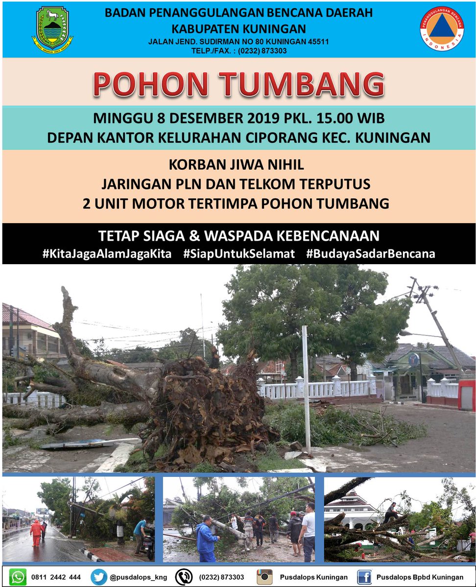 pusdalops_kng's tweet photo. #InfoBencana
Pohon Tumbang Depan kelurahan Ciporang Kec. Kuningan
Minggu 8 Desember 2019 Pukul 15.00 WIB
Tetap Siaga &amp; Waspada Kebencanaan
#KitaJagaAlamJagaKita #SiapUntukSelamat #BudayaSadarBencana https://t.co/9ucdHQfoFh