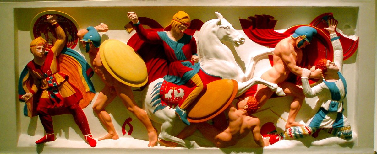 Colored reconstruction of relief on the Alexander Sarcophagus depicting Immortals fighting Alexander's troops.