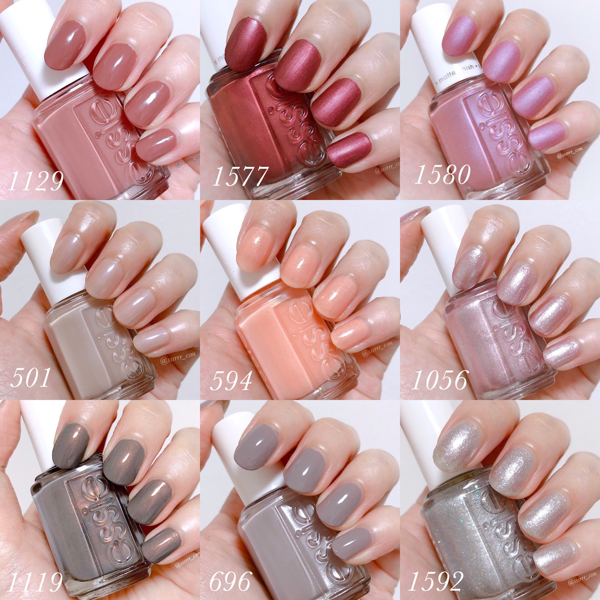 おいも Essieネイル9種塗り比べ ラインナップはピンク グレー 19ホリデーなどなど どれもトップコート無し 2 3度塗りしてます どれも可愛くて好きだけどイチオシは501のau Natural 万人に合うミルクティーベージュで 指先がめちゃくちゃ綺麗