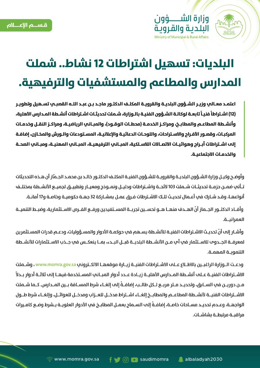 وزارة الشؤون البلدية والقروية والإسكان on twitter ألغى تسهيل الاشتراطات البلدية لأنشطة المطاعم والمطابخ اشتراط مدخل للعزاب ومدخل للعوائل وطول الواجهة وعدم تحديد مساحات خاصة إضافة إلى السماح بعمل المطابخ في الأدوار العلوية بشرط