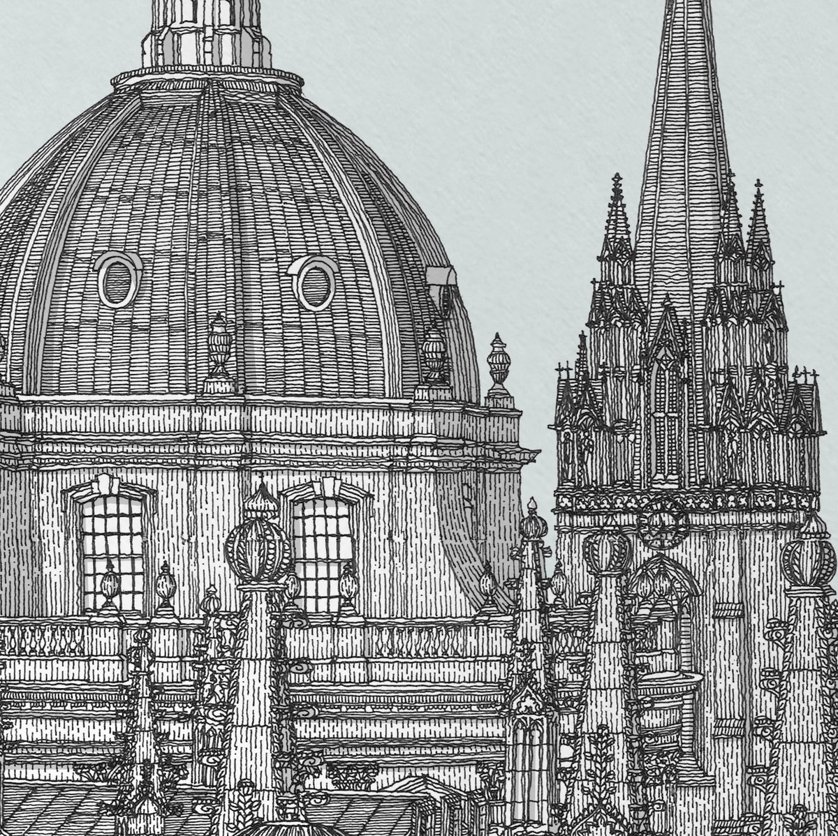 Mr_MichaelLewis's tweet image. The #SpiresOfOxford Limited Edition Print. Inspired by the poem by Winifred M. Letts, the unique hand drawn perspective captures a roof top view from the Sheldonian Theatre towards the Radcliffe Camera in Oxford. #Drawing #Architecture #Oxford