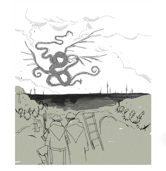 i deleted this yesterday but i still like it a bit.. concept sketch for my short horror story idea set in ww1 involving giant dragons &amp; the book of revelation/seven seals 