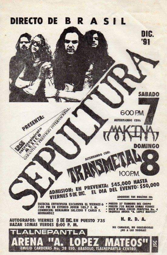 Batalla_Campal's tweet photo. En un flyer de recuerdo de la querida Arena Lopez Mateos, la segunda ocasion que venia @sepulturacombr a nuestro pais. El primer dia con #Makina y el segundo con @TRANSMETALMEXI5

¿Porque no volver a esa epoca y reenacer los conciertos en el Edo. Méx? https://t.co/6dikLvYZlL