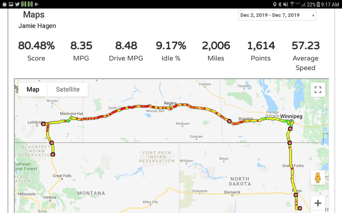 hellbenthagen's tweet photo. After my delivery in Coaldale, AB I hit the throttle pretty hard (70 mph/112 kmh) that's why all the red on the #pedalcoach to Winnipeg. 2,013 mile round trip in 4 days 58% loaded miles with a 7.92 mpg total average with some pto pump time Snow from Virden, MB back #Mackonomics https://t.co/V9cMmGKgz3